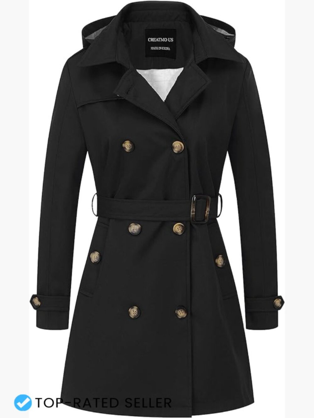Classic Double Breasted Trench Coat Belted Detachable Hood Slim Fit Mid Length